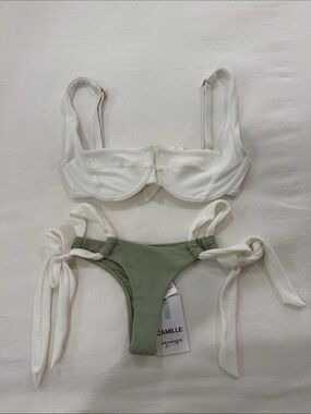 Two-Piece Ribbed Bikini — White Top & Sage Green Bottom